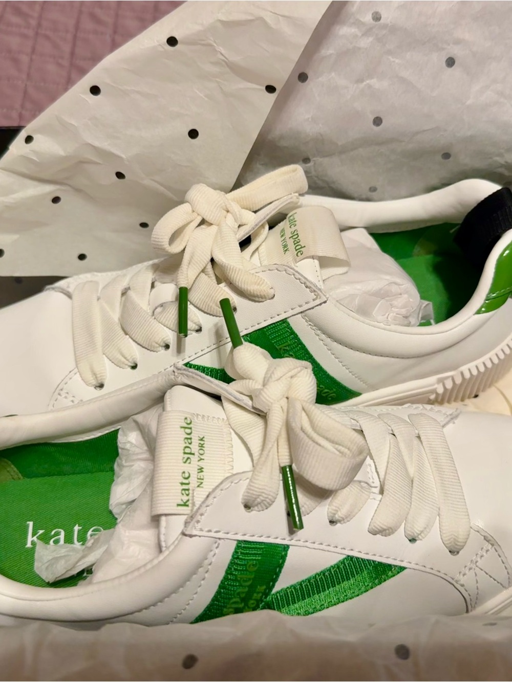 K as in Kate White Leather Sneakers with Bright Green Accents